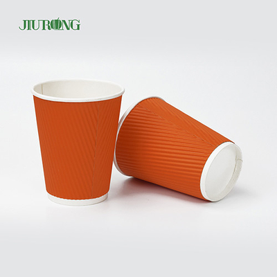 Vasos de papel Kraft Ripple biodegradables de grado alimenticio de 12 oz con tapa